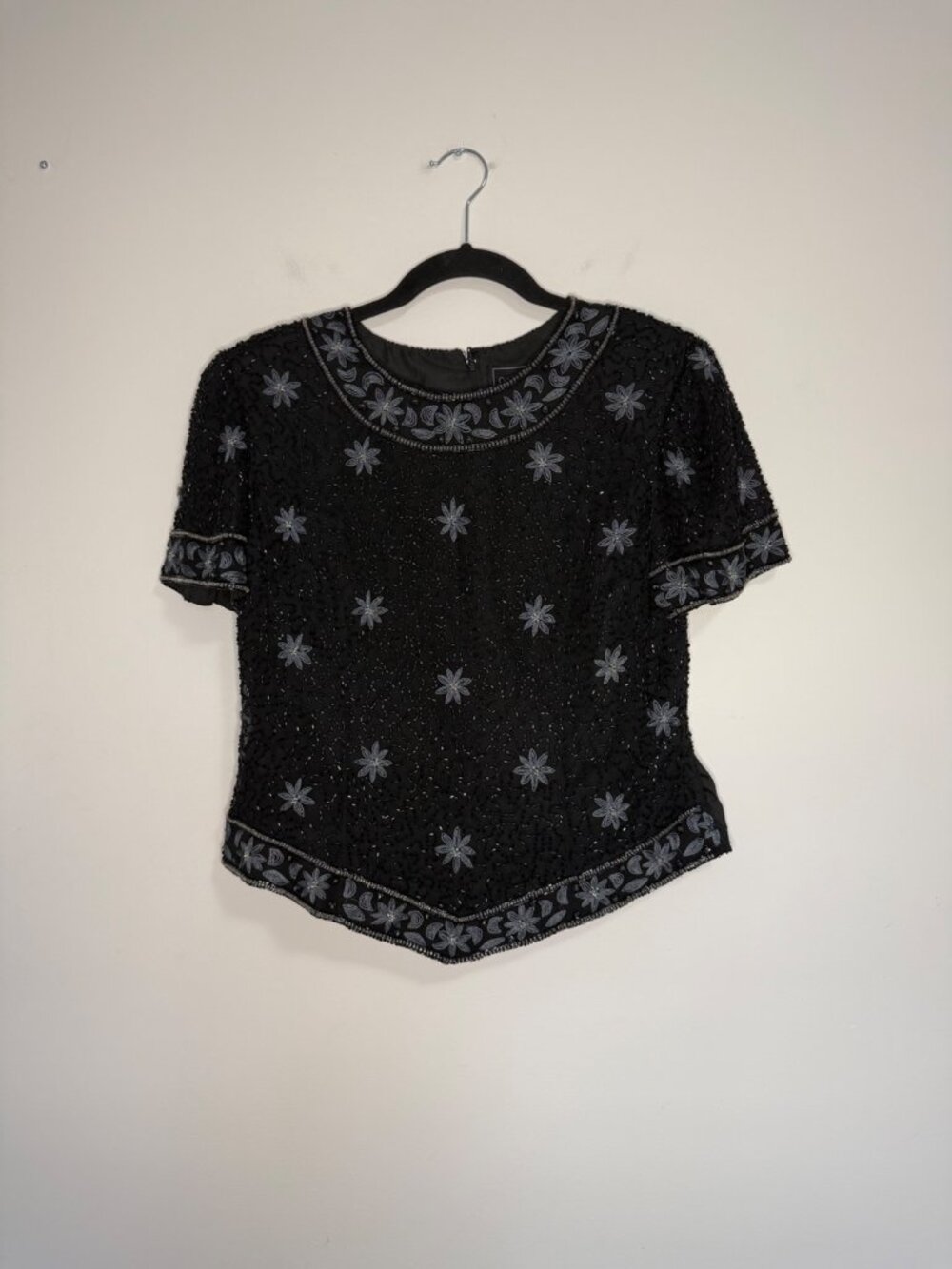 Cote d'Azur Evening Vintage Embroidered Beaded Floral Silk Blouse Black Medium W